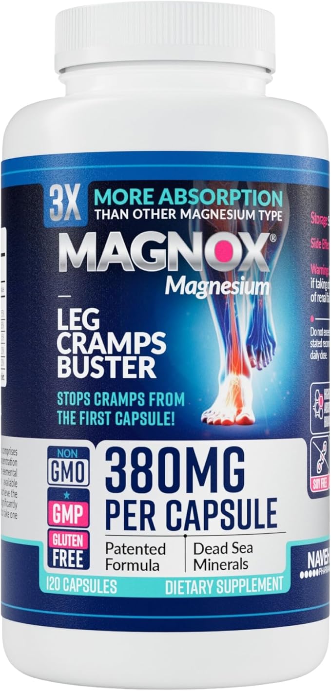 MAGNOX® Buster | Patented Clinically Tested 380mg Magnesium Supplement for Spasms &amp Leg Cramps at Night | One Capsule a Day for Almost Full Dosage | 3X More Absorption | Dead Sea Minerals (120 Cap