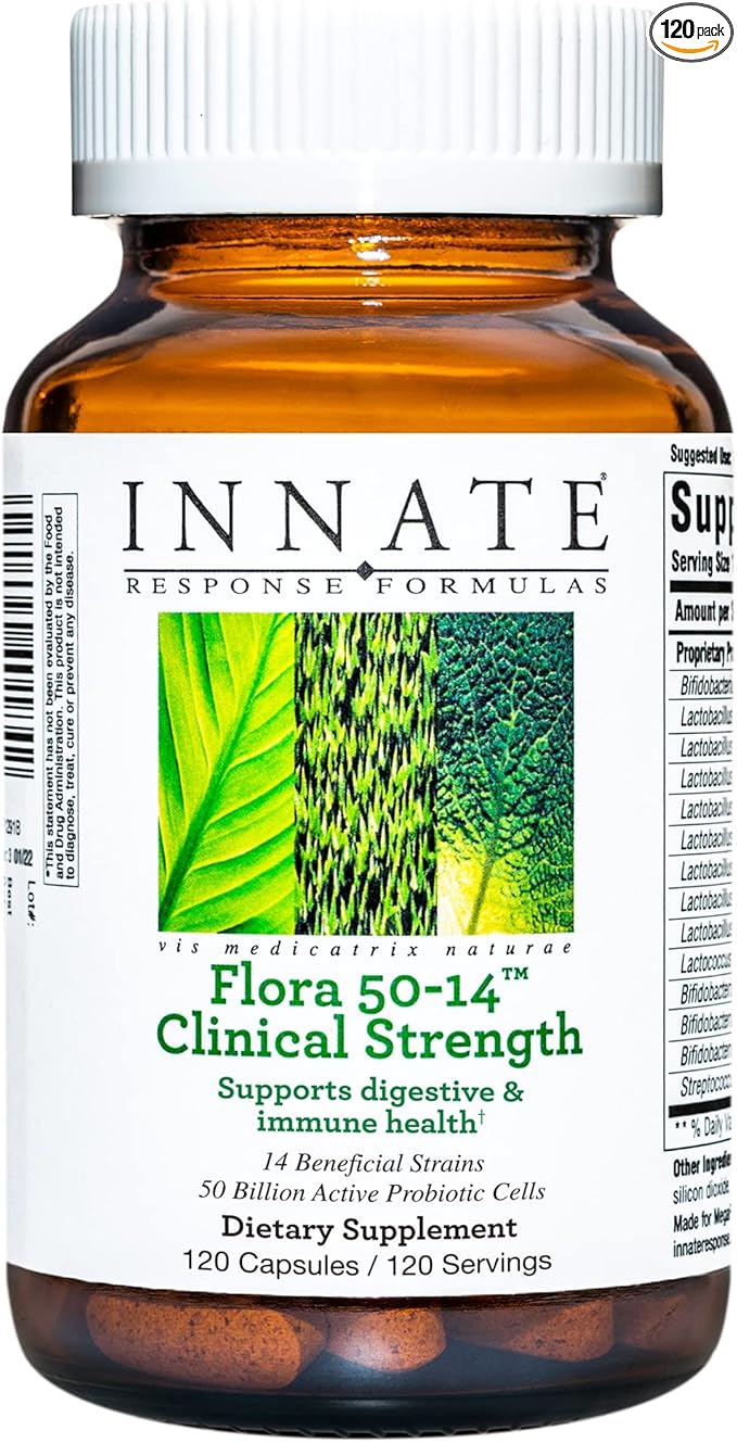 Innate Response Formulas Flora 50-14 Clinical Strength - Probiotic Supplement with 50 Billion CFU - 14 Probiotic Strains - Vegetarian and Non-GMO - Made Without 9 Food Allergens - 120 Capsules