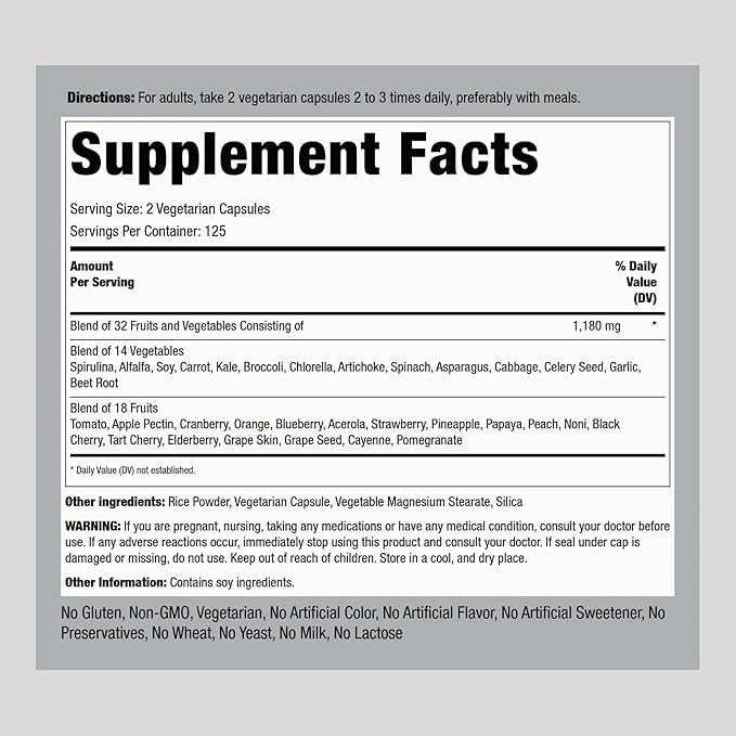 Piping Rock Fruits and Veggies Supplement | 250 Capsules | Superfood Fruit and Vegetables Vitamins | Vegetarian Non-GMO Gluten Free
