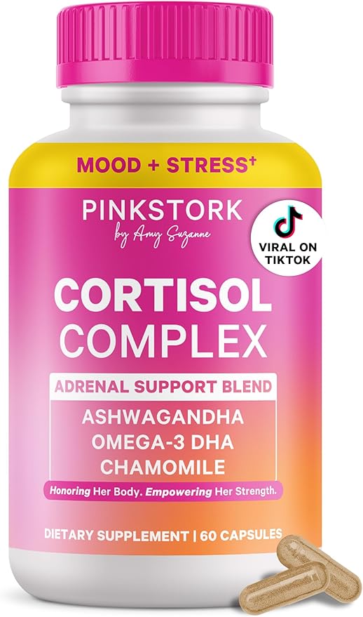 Pink Stork Cortisol Supplements for Women - Adaptogenic Adrenal Support &amp Stress Manager with Organic Ashwagandha Omega 3 Saffron Multivitamins - Mood &amp Hormone Balance - 60 Count