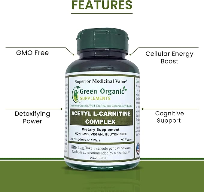 Green Organic Supplements Acetyl L-Carnitine Carnitine ALC High Absorbable Non-GMO Gluten-Free (Pack of 2)
