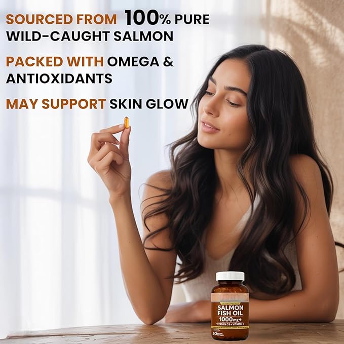 Salmon Fish Oil 1000mg Softgel Capsules with Vitamin D3 &amp Vitamin E | Omega-3 Supplement for Heart Joint Bone &amp Skin Health | Lemon Flavour | 60 Capsules