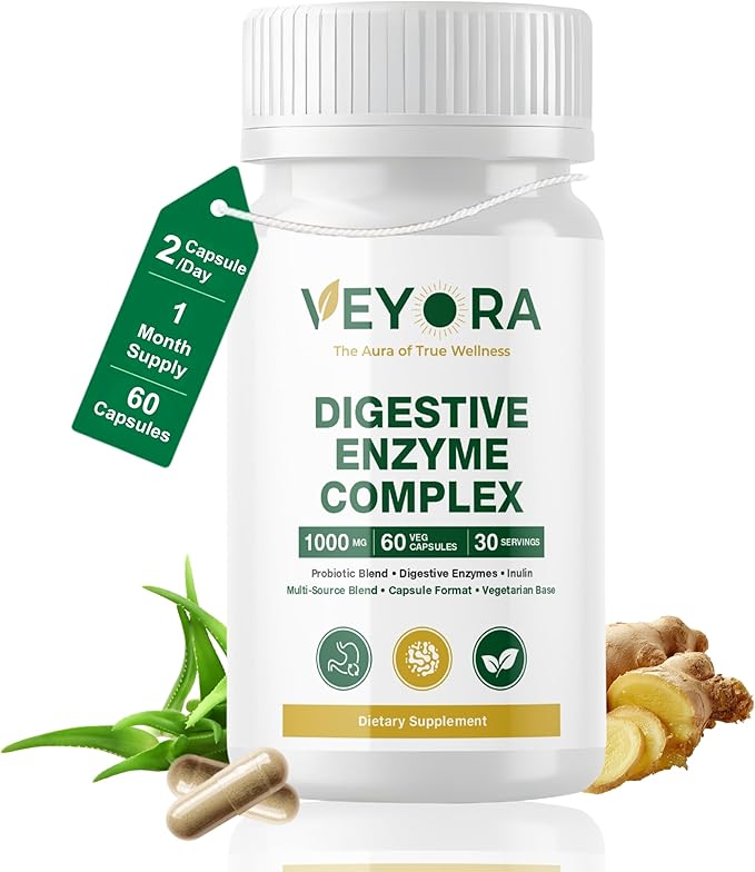 Digestive Enzyme Complex 1000 mg | 60 Vegan Capsules | with Probiotic &amp Inulin Fiber | Multi-Source Clean Label Formula | Non-GMO | Gluten-Free