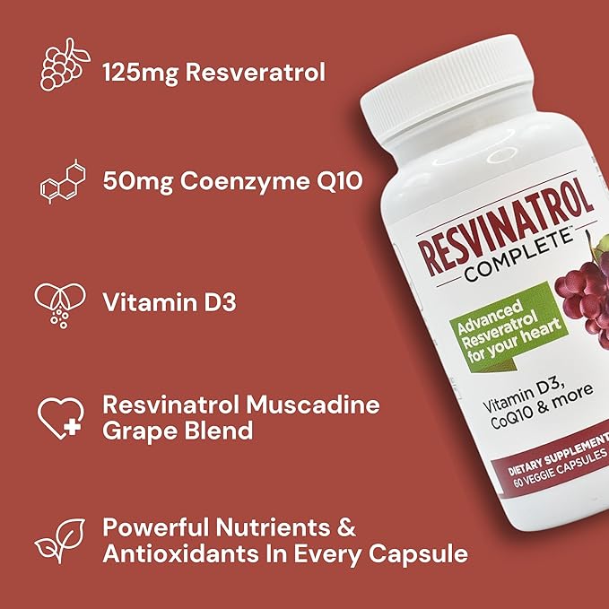 Capsules 60 Count- Resveratrol Supplement Supports Healthy Aging Heart Health and Immune Function with Quercetin Grape Seed Extract Vitamin D3 and CoQ10