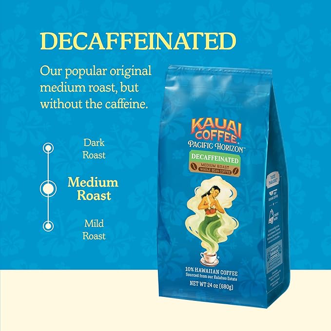 Kauai Ground Coffee Decaf Medium Roast - Arabica Ground Coffee from Hawaii's Largest Coffee Grower - Bright Aroma with Light Floral Notes - 24 Ounces