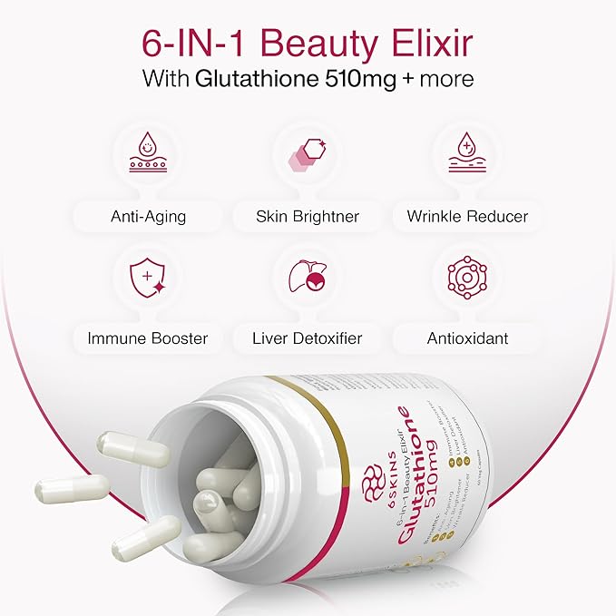 6SKINS®6in1 Beauty Elixir with Liposomal Glutathione 510mg | Glutathione Supplement 4X Better Absorption - Immune Support Liver Detox Powerful Antioxidant for Healthier Skin - 60 Capsules