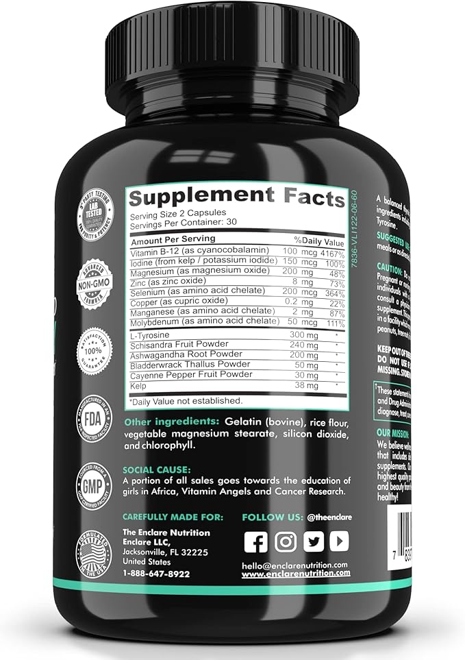 THE ENCLARE NUTRITION Thyroid Support Supplement with Iodine - Balance Hormones for Energy Metabolism Focus Stress Mood. Ashwagandha Zinc Selenium Vitamin B12 Kelp Magnesium L Tyrosine (1)