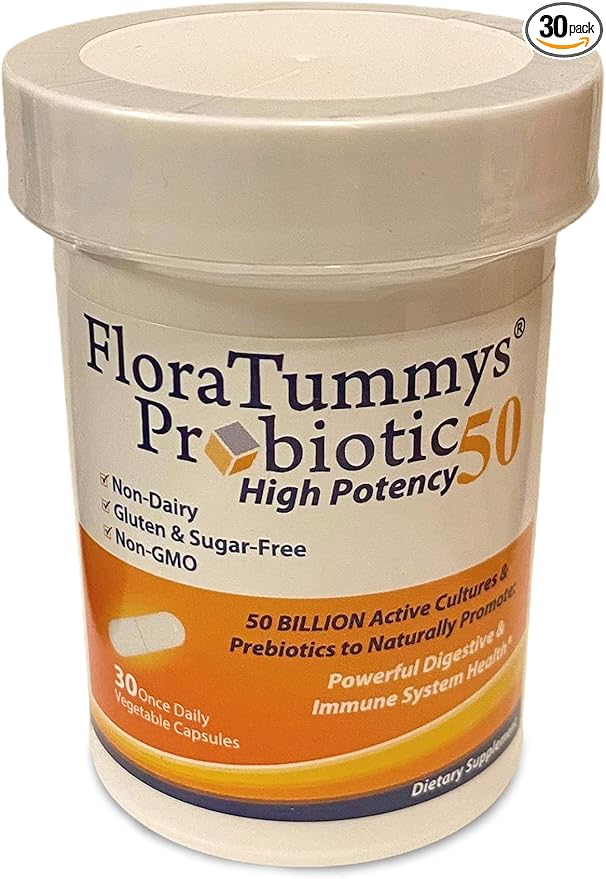 FloraTummys 50 High Potency Adult Probiotic 50 Billion CFU Prebiotics Dairy Free Gluten Free Probiotic Non-GMO Sugar-Free Made in USA