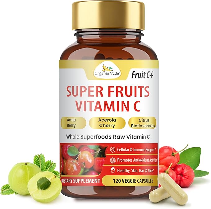 Organic Veda Fruit C+ Vitamin C Complex - 1250mg Organic Whole Food Vitamin C Supplement with Citrus Bioflavonoids Acerola &amp Amla - Daily Antioxidants Immunity Collagen Boost - 120 Vegan Capsul