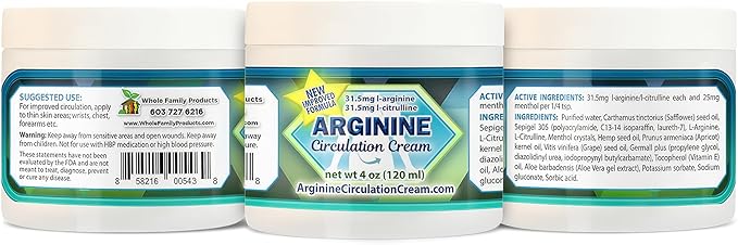 Arginine Circulation Cream 4 oz - Menthol L Arginine &amp L Citrulline Lotion - Supports Healthy Leg &amp Body Blood Flow - Whole Family Products