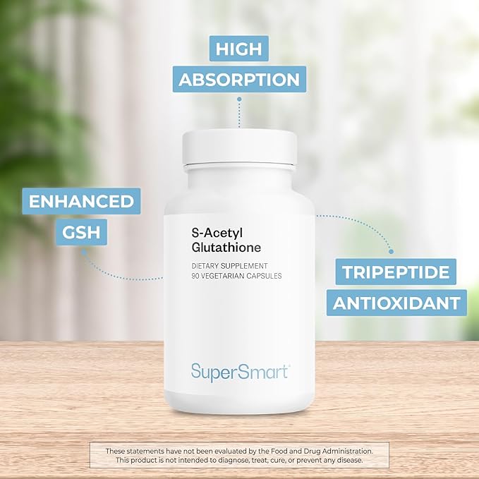 Supersmart S-Acetyl Glutathione 300mg per Day (High Absorption) - Stable Form of L-Glutathione Tripeptide - GSH Supplement | Non-GMO &amp Gluten Free - 90 Vegetarian Capsules