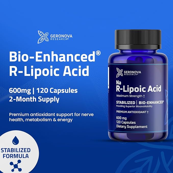 Geronova Research Bio-Enhanced R-Lipoic Acid 600 mg Capsules - 6 Month Supply - Stabilized R Alpha Lipoic Acid with Enhanced Absorption - R Lipoic Acid Supplement - 360 Count