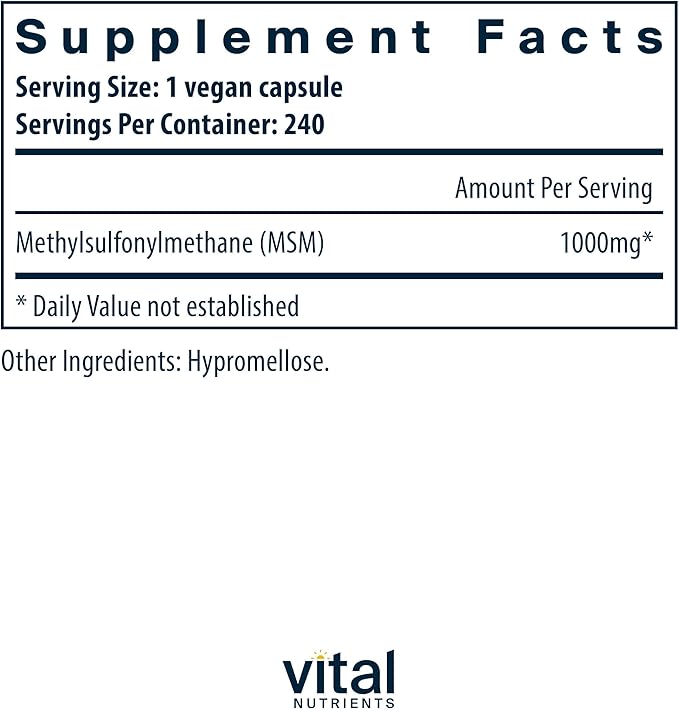 Vital Nutrients MSM 1000mg - Promotes Healthy Joint Mobility Function and Comfort* - Natural Form of Organic Sulfur - Gluten Dairy Soy Free - Non-GMO - 240 Capsules