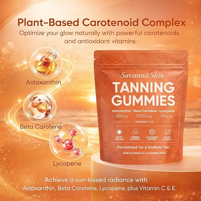 Savanna Skin Tanning Gummies with Vitamin C &amp E Astaxanthin Beta Carotene &amp Lycopene Blend Natural Looking Glow Bronzing Radiant Healthy Skin Non-GMO Vegan &amp Sugar-Free 60 Gummies