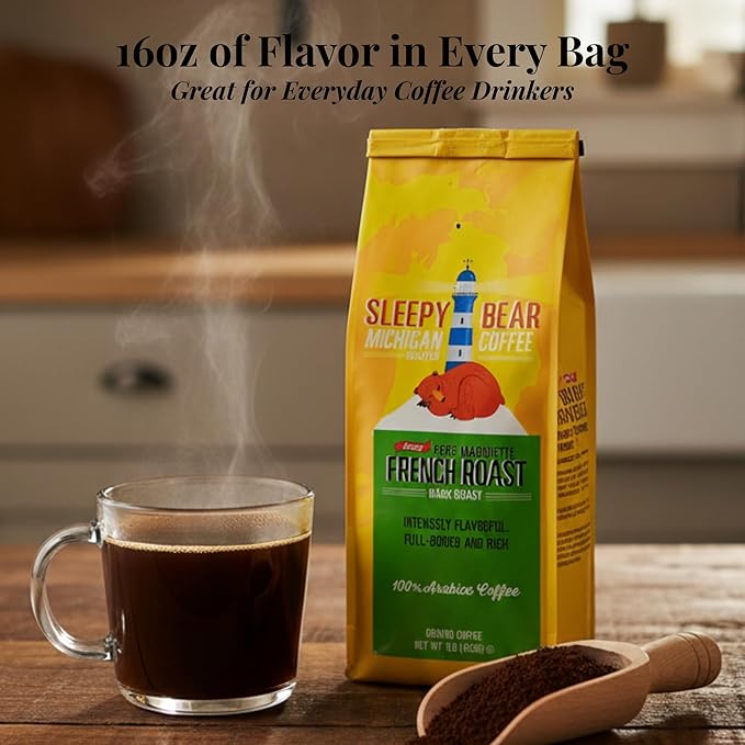 Sleepy Bear Dark Roast Decaf Coffee – Bold Ground French Roast Smooth Arabica No Bitterness Michigan Made 16oz Resealable Bag (1 16 oz)