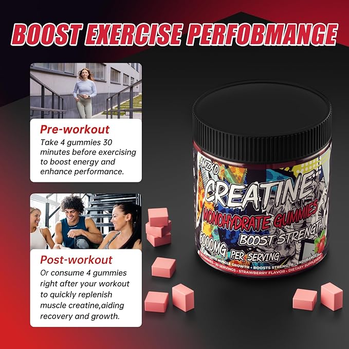 Creatine Monohydrate Gummies 6g for Men WomenComplex Creatine Monohydrate Chewable for Muscle StrengthMuscle BuildingEnergy BoostPre-Workout Energy SupplementVegan Strawberry - 120 Count