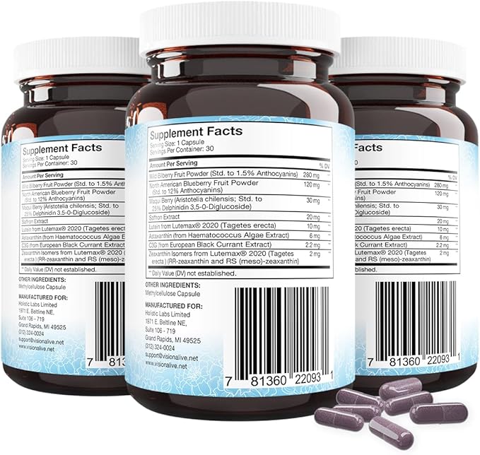 Holistic Health Labs Vision Alive Max with 8 Natural Ingredients Lutemax® 2020 Bilberries Blueberries c3g from Black Currant Maqui Berry Saffron and Astaxanthin (30 Count (Pack of 3))