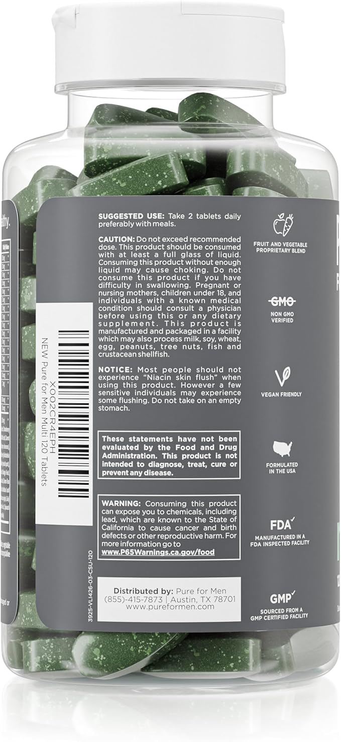 Pure for Men Multivitamin Supplement | Energy Mood Support Strong Bones Antioxidants Minerals | Vitamins A B C D Magnesium Calcium | 42 Fruit &amp Vegetable Proprietary Blend | 120 Vegan Tab