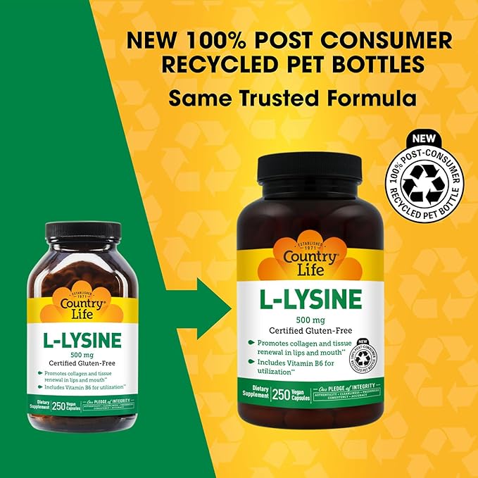Country Life L-Lysine 500mg with B-6 Supports Immune Health Promotes Collagen Renewal in Lips and Mouth 250 Vegan Capsules Certified Gluten Free Certified Vegan
