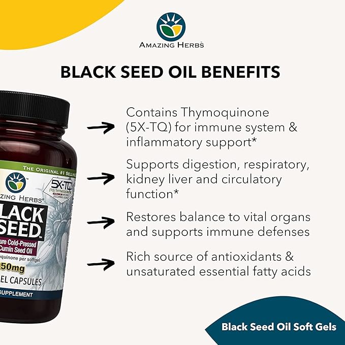 Amazing Herbs Premium Black Seed Oil Capsules - High Potency Cold Pressed Nigella Sativa Aids in Digestive Health Immune Support &amp Brain Function - 1250mg (60 Count Pack of 3)