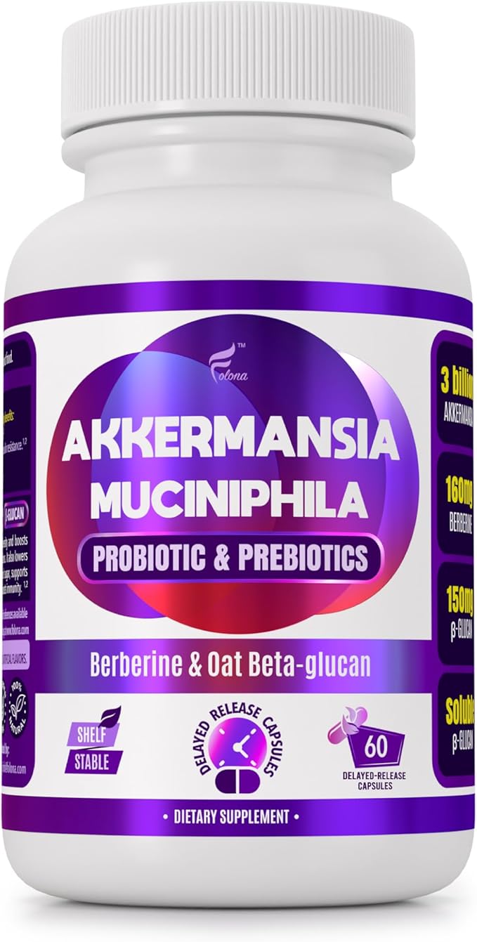 FOLONA Delayed Release Akkermansia GLP-1 Probiotic with Berberine and Soluble Beta-Glucan Prebiotic Fiber 3 Billion AFU 60 Capsules (2 Months Supply) for Gut Health Support