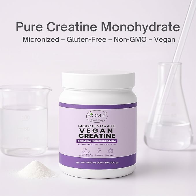 Biomix Vegan Creatine Monohydrate 5000mg Pharmaceutical Grade Micronized 2X Absorption Zero Additives Zero Fillers Strength Energy Muscle Recovery 60 Servings 300g