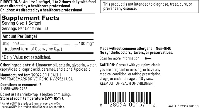 Klaire Labs SFI Health CoQH - Hypoallergenic 100 Milligrams Reduced Coenzyme Q10 as Ubiquinol Solubilized in D-Limonene Oil for Mitochondrial Support (60 Softgels)