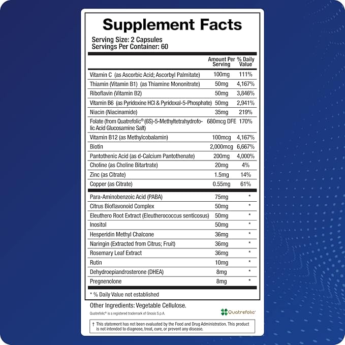 Adrenal Fatigue Supplement Cortisol Manager 5-MTHF B Vitamins Vitamin C Adaptogens Bioflavonoids DHEA Inositol 30-60 Day Supply | 120 Veggie Caps