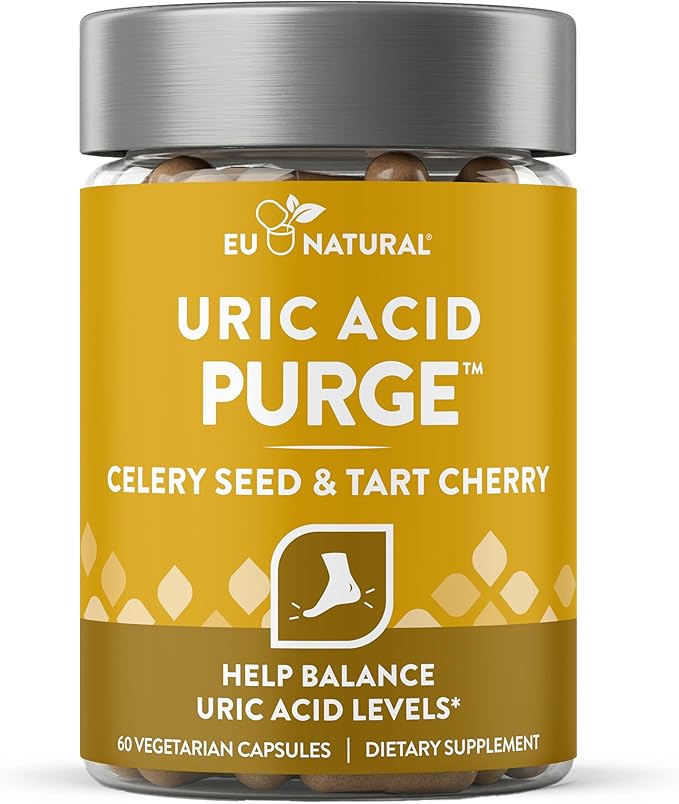 Eu Natural Purge Uric Acid Flush - Eat &amp Drink What You Want - Uric Acid Support for Joints &amp Mobility with Celery Seed Tart Cherry &amp Chanca Piedra - 60 Vegetarian Capsules