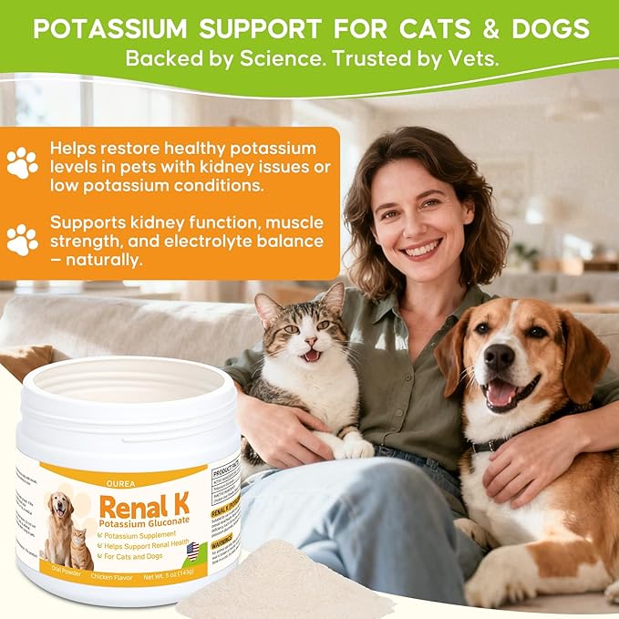 Renal K Potassium Gluconate for Dogs &amp Cats – 2.2 mEq per Scoop – Supports Kidney Function Restores Potassium Levels – Boosts Energy – Muscle Strength – Vet-Recommended