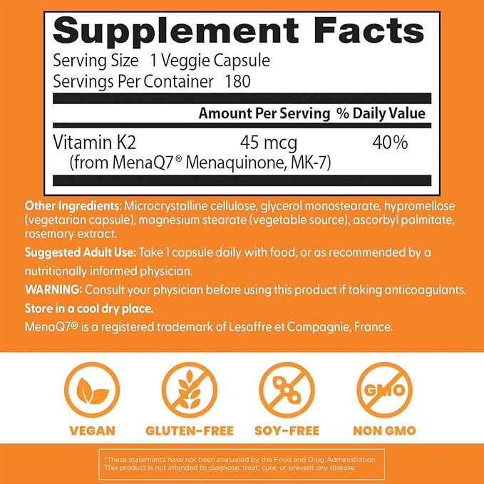 Doctor's Best Natural Vitamin K2 MK7 Supplement for Men &amp Women - Bone Health Support 45 mcg Vitamin K-2 MK-7 Capsules with MenaQ7 Calcium Support Non GMO Vegan - 180 Veg Caps