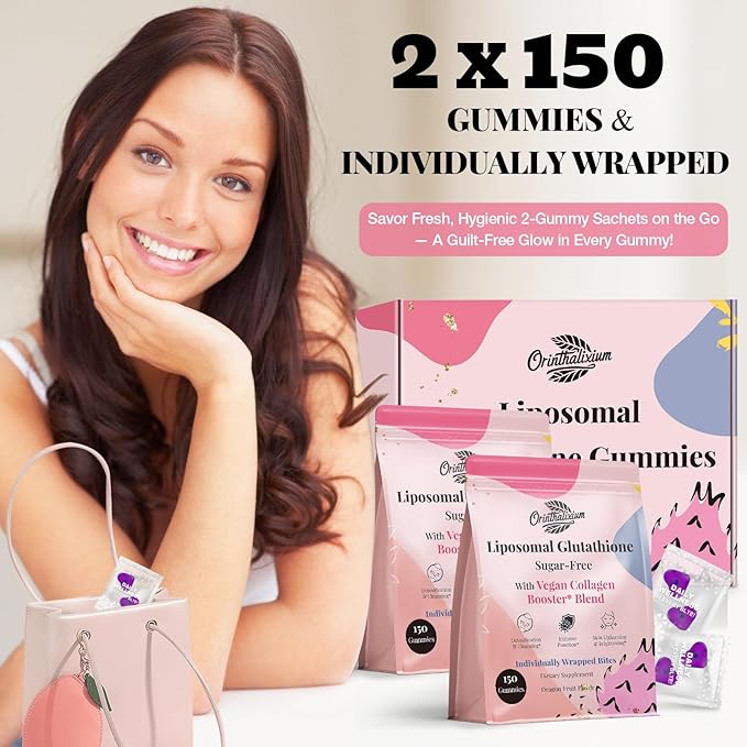 Orinthalixium Liposomal Glutathione Gummies 1000MG - Sugar Free Reduced L-Glutathione with Vitamin C &amp Vegan Collagen - Antioxidant &amp Skin Wellness - 300 Count (2 Pack)