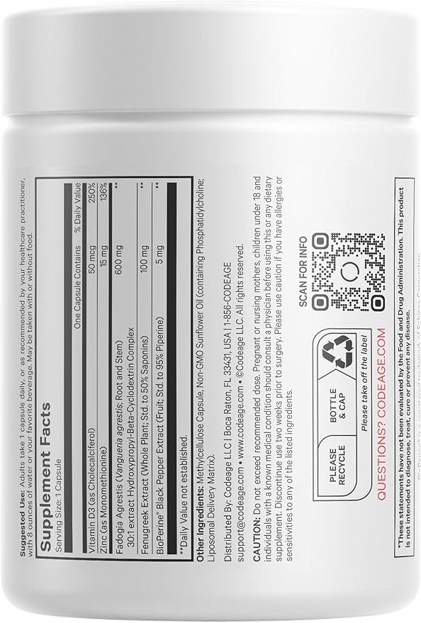 Codeage Liposomal Fadogia Agrestis 600mg Supplement - Fadogia Agrestis 30:1 Extract Vitamin D3 Zinc Fenugreek BioPerine Black Pepper - 2-Month Supply - Liposomal Delivery - Non-GMO 60 Capsules