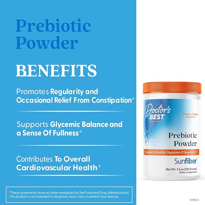 Doctor's Best Prebiotic Powder Supplement with Sunfiber Guar Fiber - Digestive Health &amp Nutrition Support for Women &amp Men Unflavored Easy Dissolve Gluten Free Non GMO Vegan - 7.4 oz