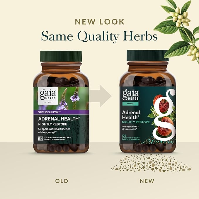 Gaia Herbs Adrenal Health Nightly Restore - Herbal Supplement with Ashwagandha Magnolia Bark Cordyceps Lemon Balm &amp More* - 120 Vegan Liquid Phyto-Caps (60 Servings)