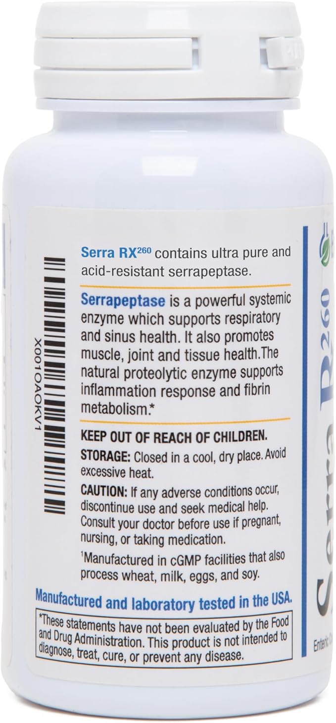 Serra-RX 260000 SU Serrapeptase -Acid-Resistant Proteolytic Systemic Enzyme Non-GMO Gluten Free Vegan Supports Sinus Immune &amp Lung Health 60 Veg Capsules