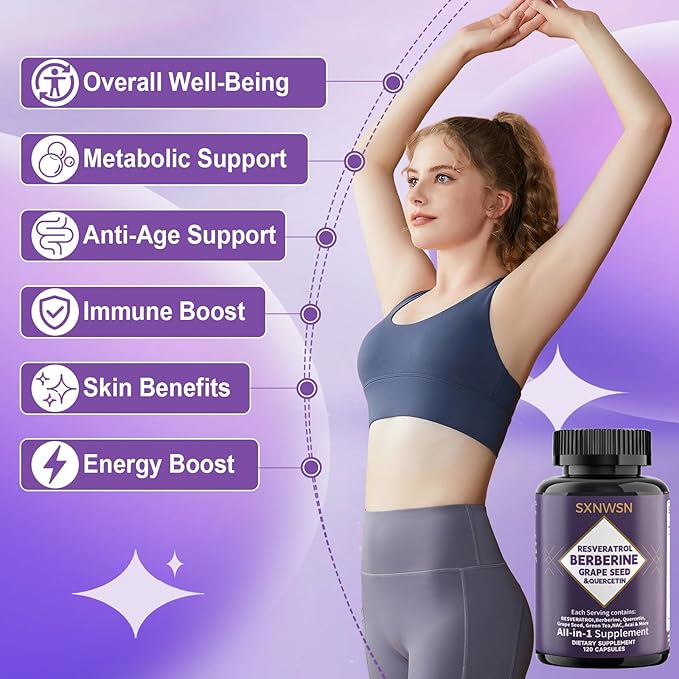 Resveratrol &amp Berberine Complex 120 Capsules - Antioxidant Support with Grape Seed Quercetin &amp NAC Promotes Healthy Cellular Function &amp Metabolism