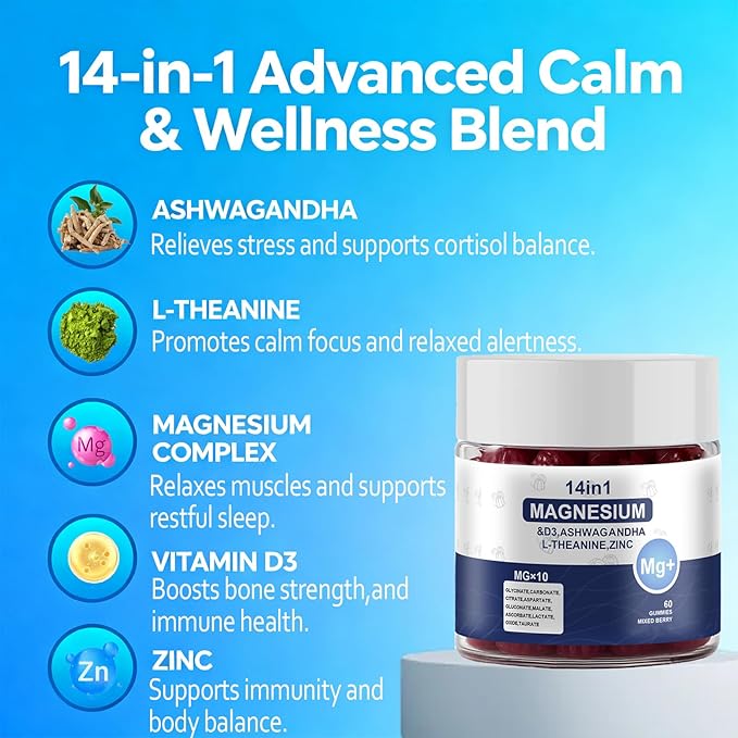 Magnesium Complex Gummies for Women &amp Men Calm Magnesium Gummies for Women &amp Men 14-in-1 with Ashwagandha L-Theanine Vitamin D3 &amp Zinc 60 Count (1)