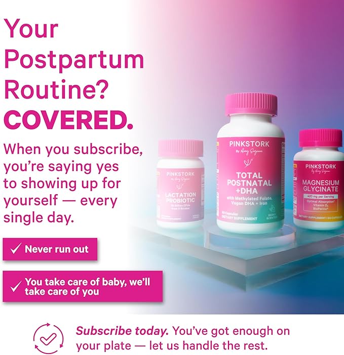 Pink Stork Total Postnatal Vitamins for Women | Vegan DHA Iron Folate B12 | Postpartum Recovery Essentials | Lactation Support for Breastfeeding Moms | Clean Label Award Winner - 60 Capsules Mint