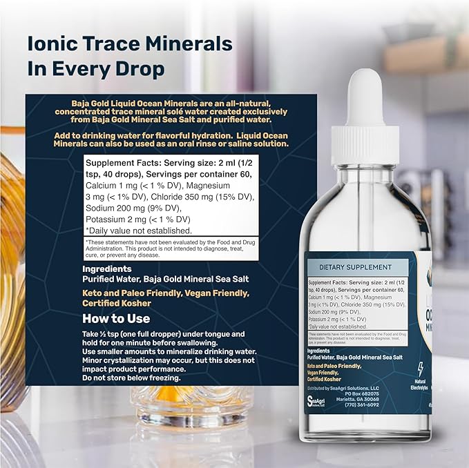 Baja Gold Liquid Ocean Trace Mineral Drops - Ionic Electrolyte Drops for Drinking Water &amp Food Flavor Enhancement - Mineral-Rich Saline Solution &amp Oral Cleanse - 4 fl oz 30-Day Supply