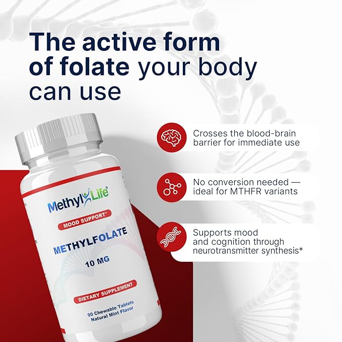 Methyl-Life® L-Methylfolate 10 mg - Chewable Active Folate Tablets with ultrapure Form of Cerebrofolate® (L-5-MTHF Calcium) | Vegan Non-GMO Gluten-Free | 90 Chewable Tablet