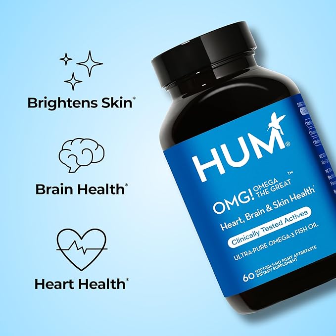 HUM OMG! Omega The Great Triple Omega 3 Fish Oil Supplement for Women &amp Men with Vitamin E DHA &amp EPA Skin Care &amp Skin Tone Support for Heart &amp Brain Health Gluten Free Non GMO 60