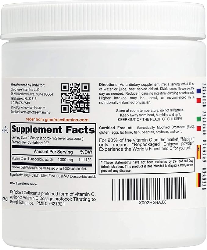 GMO Free Vitamins - Ultra Fine Non GMO Vitamin C Powder Made in UK - Highest Grade of Quali-C L-Ascorbic Acid for Maximum Bioavailability – Vegan (8 oz.)