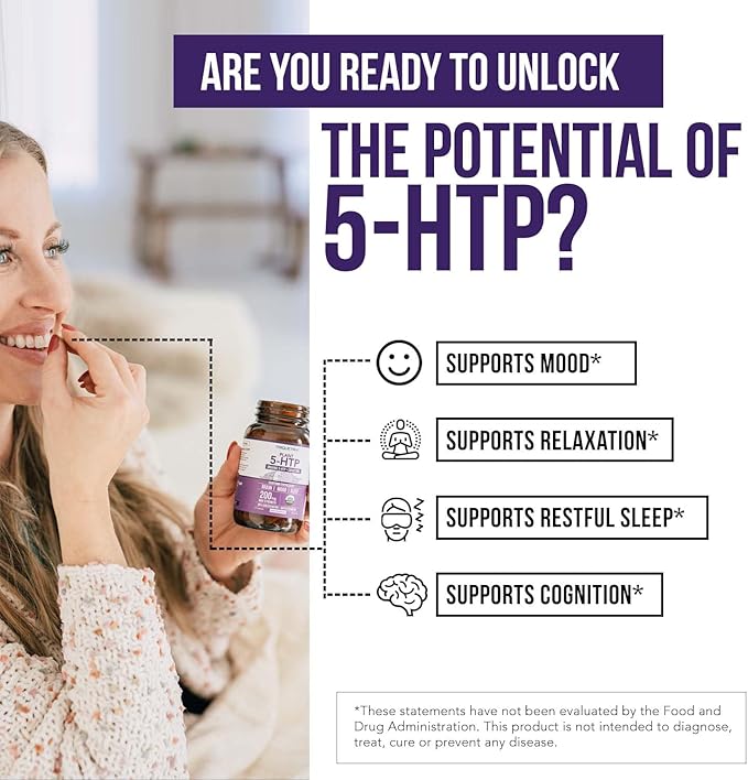 Organic 5-HTP - 200 mg | 99% 5HTP Concentration Plus Cofactor Vitamin B6 &amp Lion’s Mane | Water Extracted from Organic Griffonia Seeds | Supports Mood Cognition &amp Sleep (60 Capsules | 30 Serv