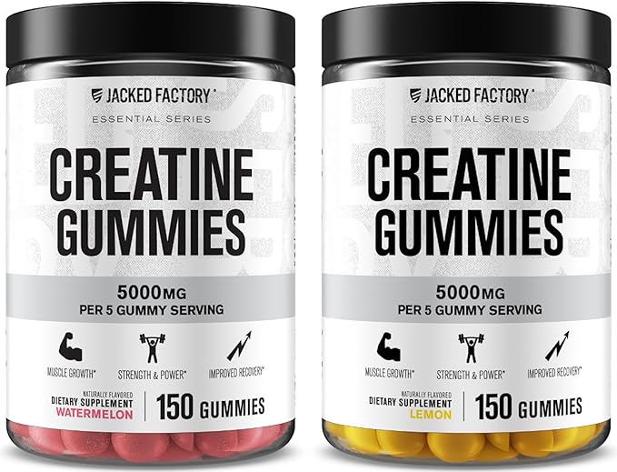 Jacked Factory Creatine Monohydrate Gummies 5g Daily Dose (1g per Gummy) - Creatine Gummy for Men and Women Vegan-Friendly Travel-Friendly Third-Party Tested - 150 Gummies Watermelon &amp Lemon