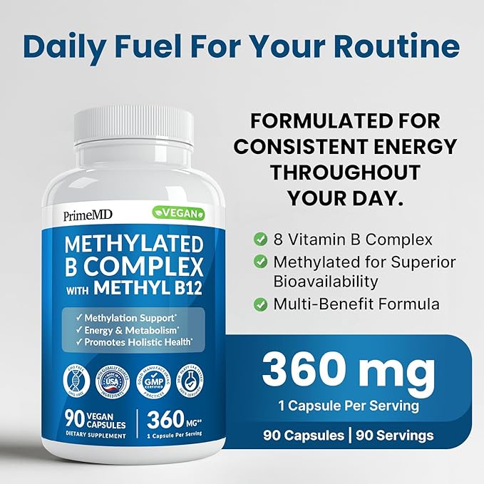 Methylated B Complex with Methylfolate and B12 Methylcobalamin 1000 mcg - Methylated Multivitamin for Energy Brain Function and Wellness - Vitamin B Complex for Men &amp Women (180 Servings Pack o