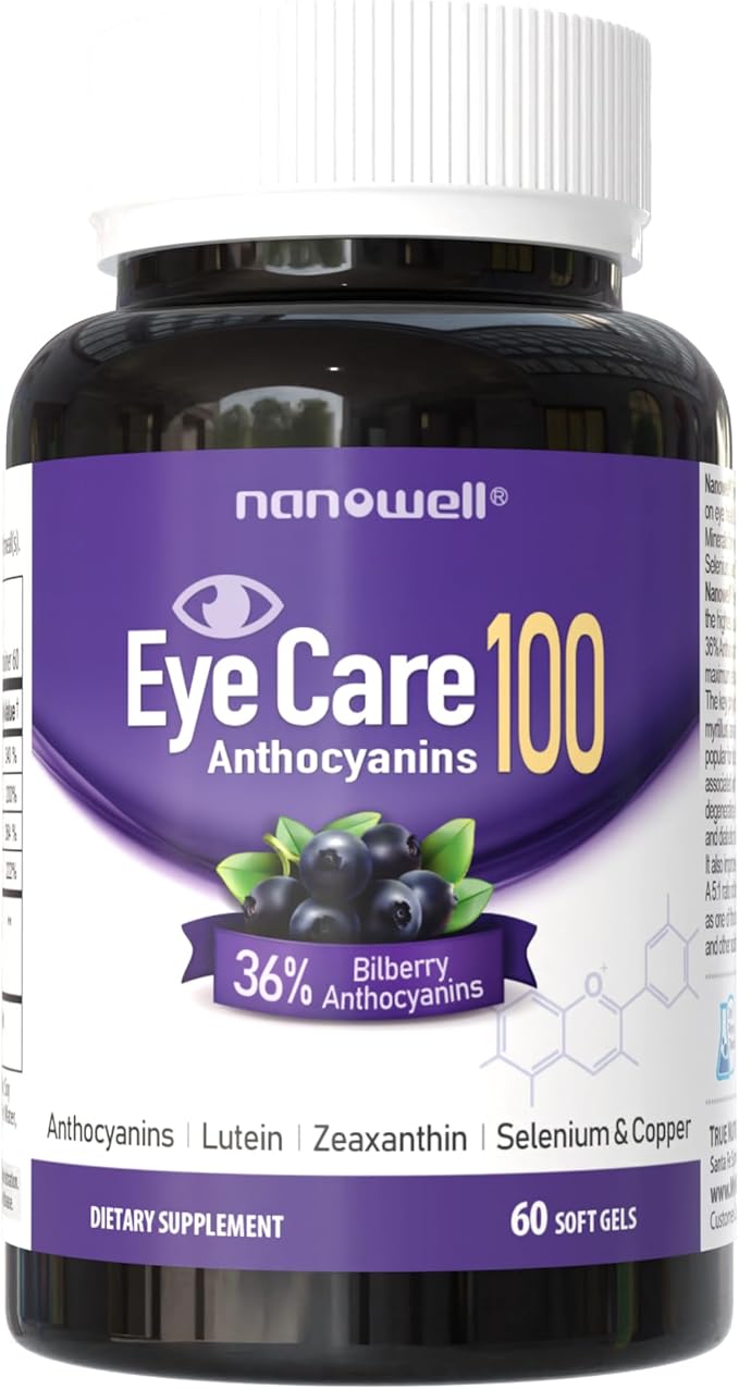 NANOWELL EyeCare Anthocyanins 100 - Eye Health Supplement with Bilberry Zeaxanthin Lutein Anthocyanins Vitamin A E Selenium &amp Copper - 60 Softgels 60 Day Supply