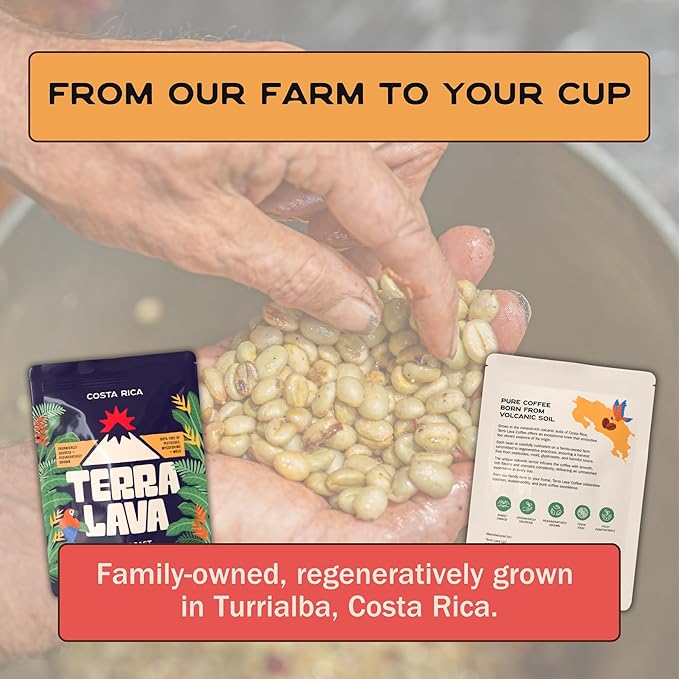Terra Lava Coffee – Dark Roast Whole Bean Coffee Single-Origin Costa Rican Arabica Volcanic Soil Grown Honey-Processed Tested for Mold &amp Mycotoxins 12 oz