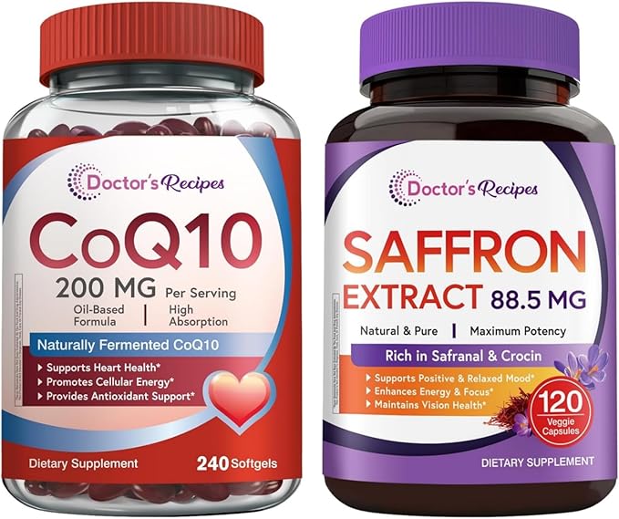 Doctor's Recipes CoQ10 + Saffron Bundle (Pack of 2) | CoQ10 200mg Supplement (Item 1) &amp Saffron Extract Supplement (Item 2) | 240 Softgels + 120 Capsules