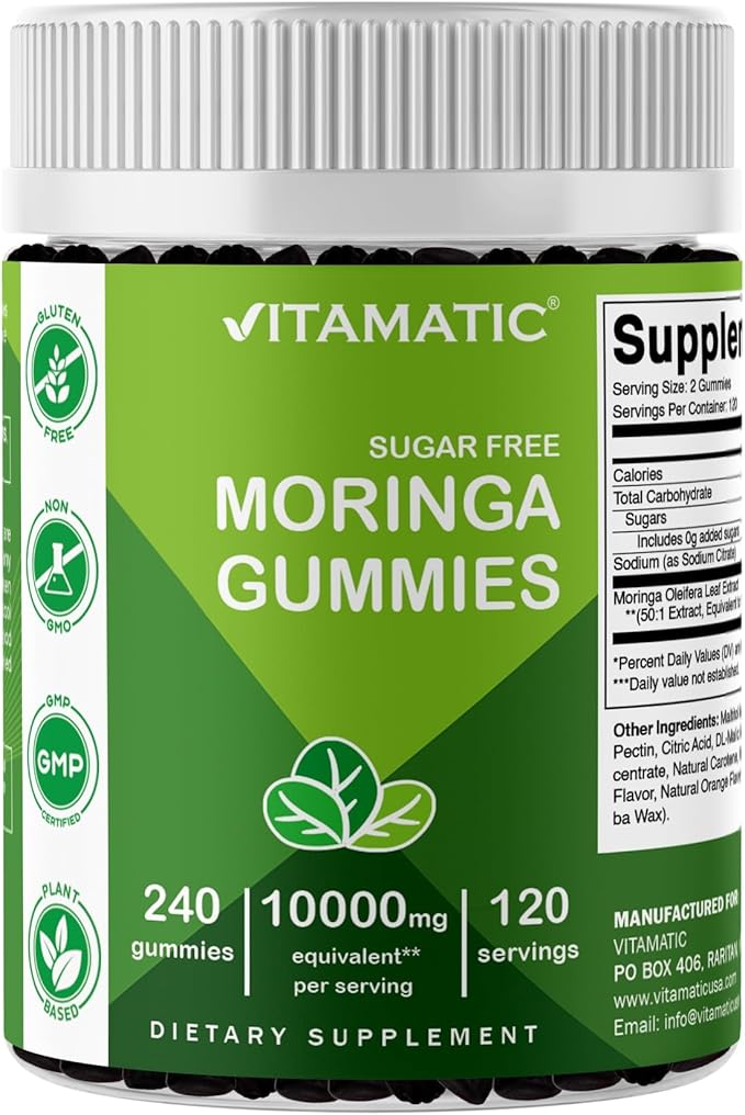 Vitamatic Moringa Gummies – Sugar-Free 50:1 Plant-Based Extract – Green Superfood – Pectin-Based Vegan Non-GMO – 240 Gummies